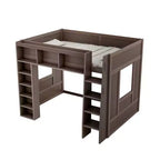 Queen Size Wooden Loft Bed Frame with Storage Cabinets and Shelves