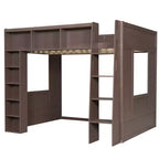 Queen Size Wooden Loft Bed Frame with Storage Cabinets and Shelves