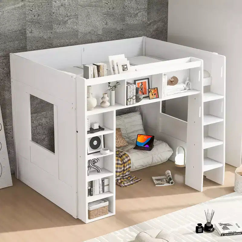 Queen Size Wooden Loft Bed Frame with Storage Cabinets and Shelves