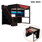 Full Size Gaming Loft Bed Frame with Desk and Storage Staircase - Red & Black