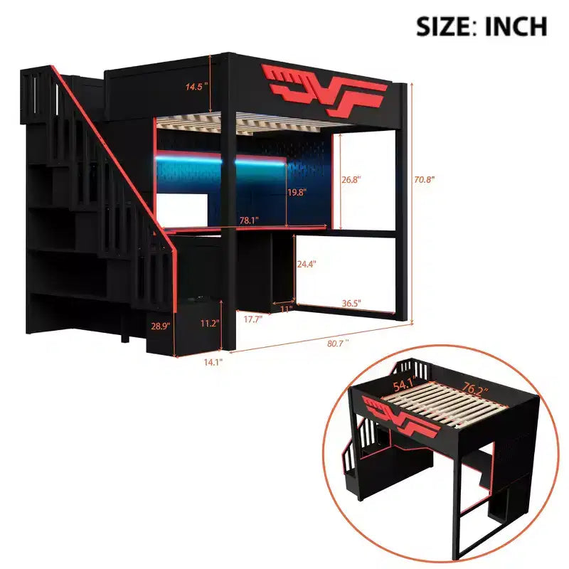 Full Size Gaming Loft Bed Frame with Desk and Storage Staircase - Red & Black