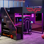 Full Size Gaming Loft Bed Frame with Desk and Storage Staircase - Red & Black