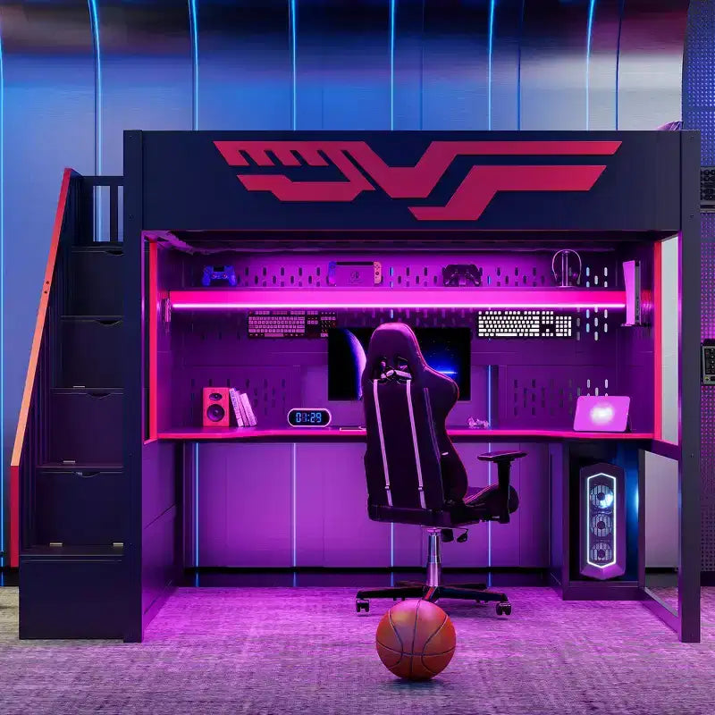 Full Size Gaming Loft Bed Frame with Desk and Storage Staircase - Red & Black