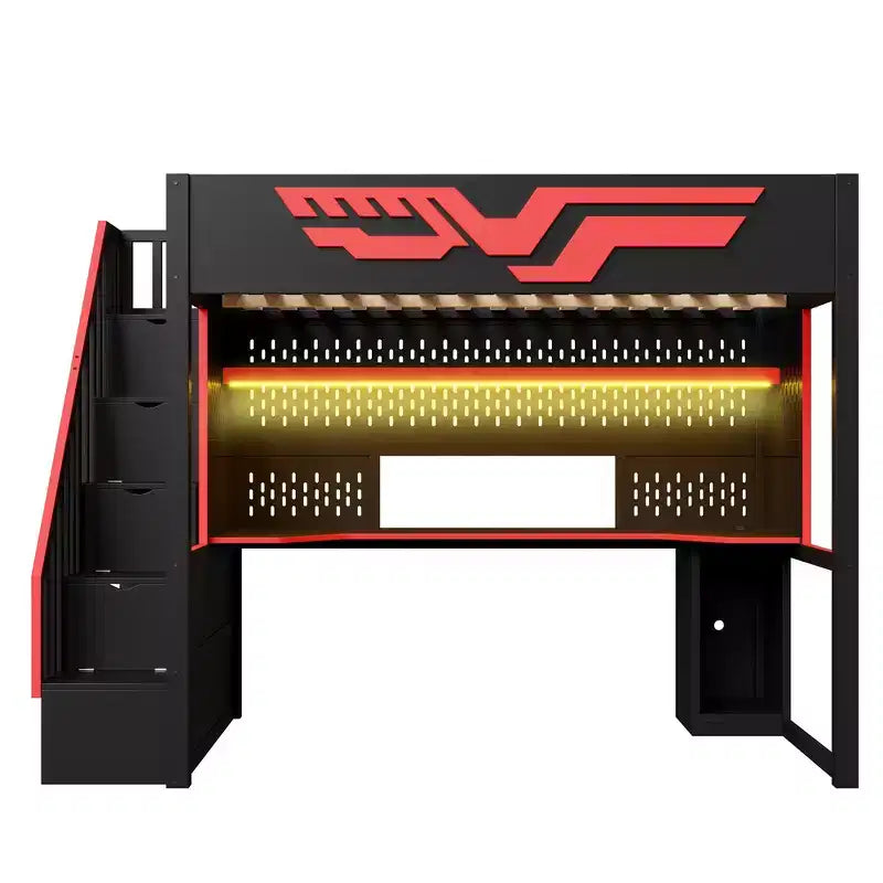 Full Size Gaming Loft Bed Frame with Desk and Storage Staircase - Red & Black