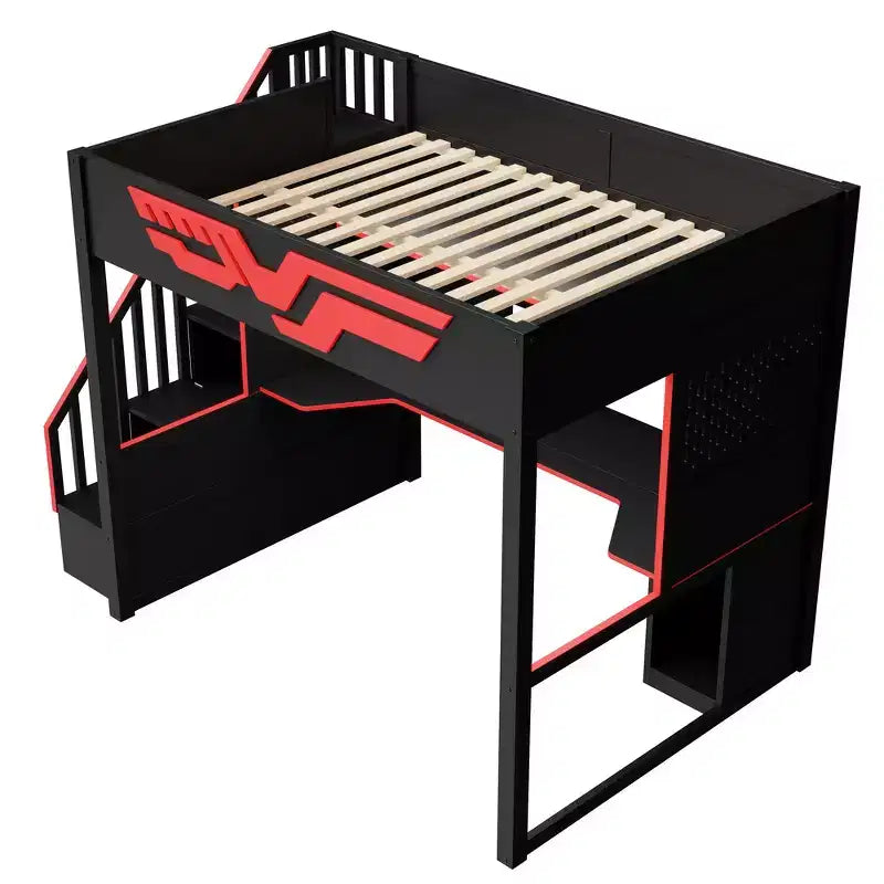 Full Size Gaming Loft Bed Frame with Desk and Storage Staircase - Red & Black