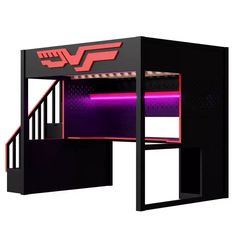 Full Size Gaming Loft Bed Frame with Desk and Storage Staircase - Red & Black