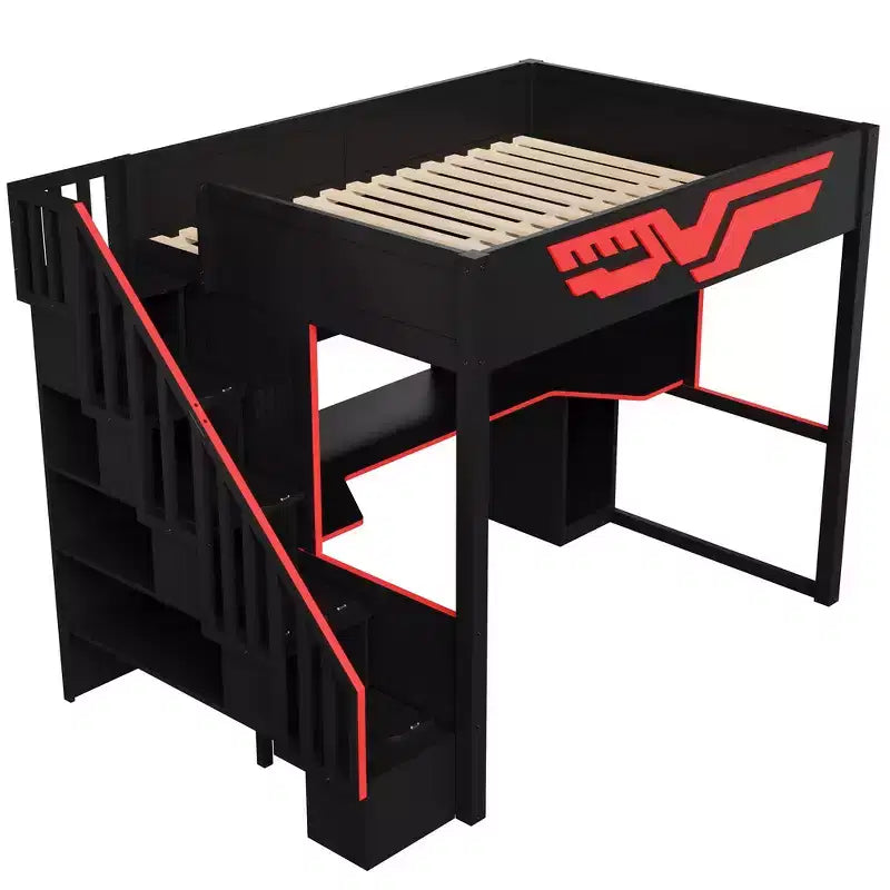 Full Size Gaming Loft Bed Frame with Desk and Storage Staircase - Red & Black