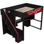 Full Size Gaming Loft Bed Frame with Desk and Storage Staircase - Red & Black