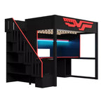 Full Size Gaming Loft Bed Frame with Desk and Storage Staircase - Red & Black
