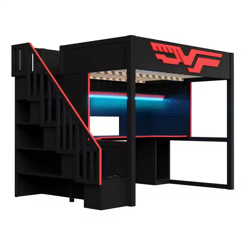 Full Size Gaming Loft Bed Frame with Desk and Storage Staircase - Red & Black