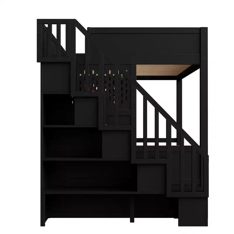 Full Size Gaming Loft Bed Frame with Desk and Storage Staircase - Red & Black