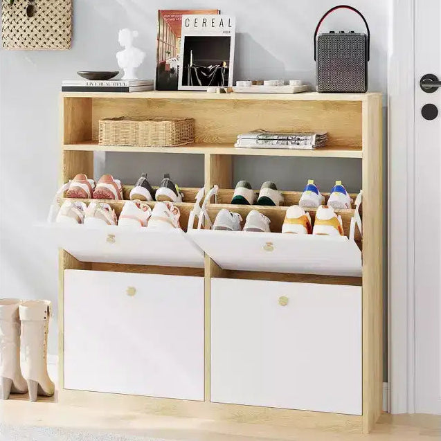 COZONY Narrow Shoe Cabinet 4 Flip Drawers - Wooden Organizer with Open Shelf for Slippers, Sneakers, Heels, Entryway, Hallway, Porches