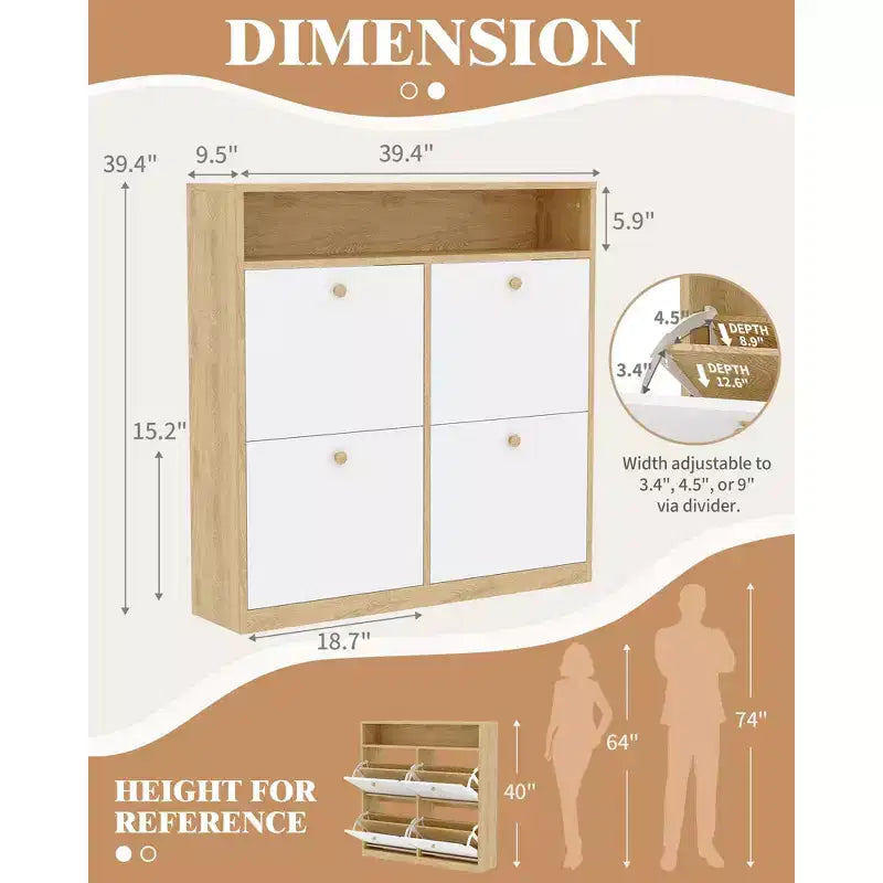Narrow Shoe Cabinet 4 Flip Drawers - Wooden Organizer with Open Shelf for Slippers, Sneakers, Heels, Entryway, Hallway, Porches
