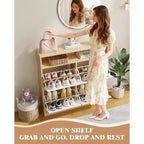 Narrow Shoe Cabinet 4 Flip Drawers - Wooden Organizer with Open Shelf for Slippers, Sneakers, Heels, Entryway, Hallway, Porches