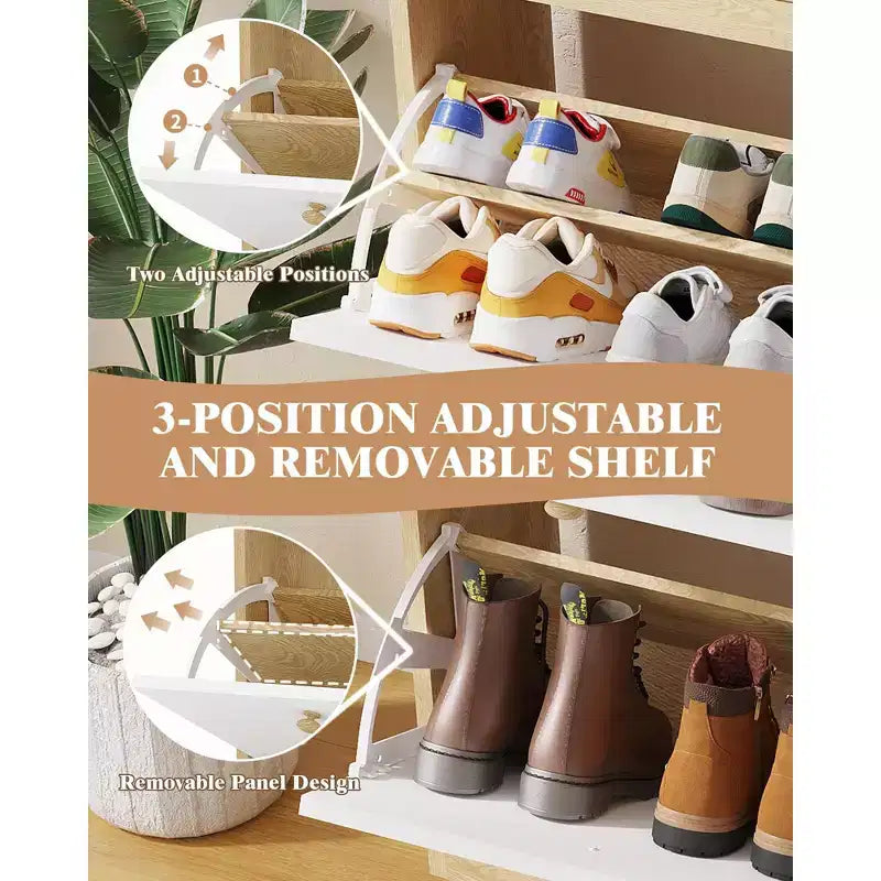 Narrow Shoe Cabinet 4 Flip Drawers - Wooden Organizer with Open Shelf for Slippers, Sneakers, Heels, Entryway, Hallway, Porches