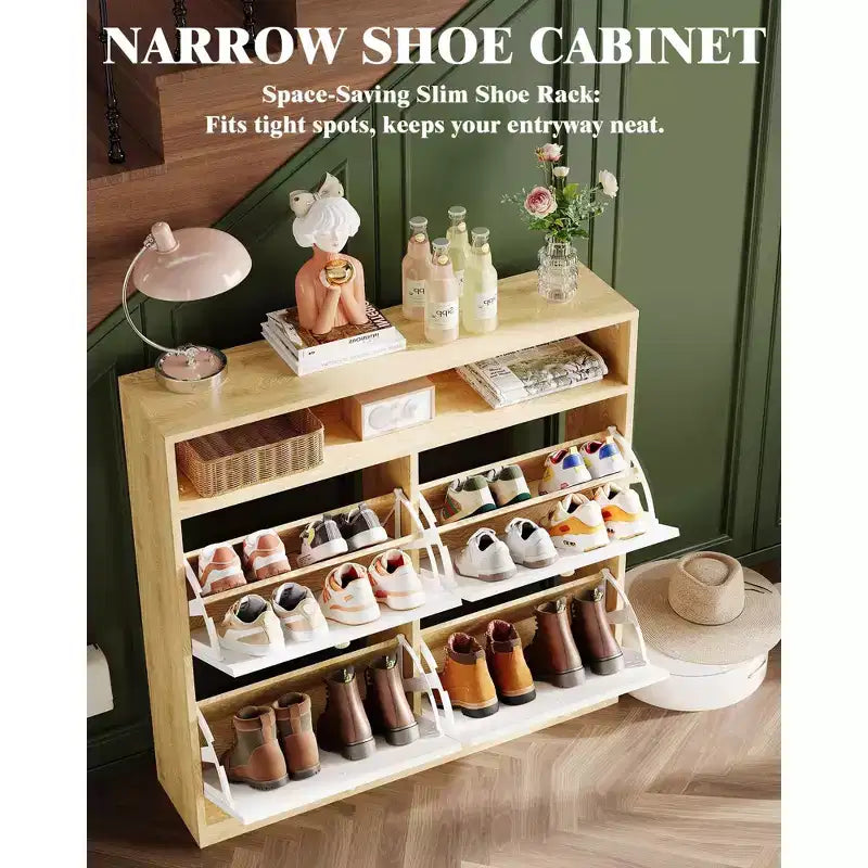Narrow Shoe Cabinet 4 Flip Drawers - Wooden Organizer with Open Shelf for Slippers, Sneakers, Heels, Entryway, Hallway, Porches