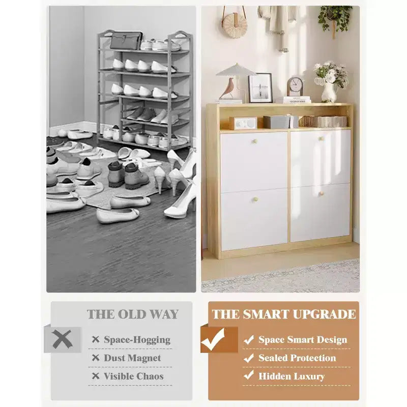 Narrow Shoe Cabinet 4 Flip Drawers - Wooden Organizer with Open Shelf for Slippers, Sneakers, Heels, Entryway, Hallway, Porches