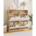 Narrow Shoe Cabinet 4 Flip Drawers - Wooden Organizer with Open Shelf for Slippers, Sneakers, Heels, Entryway, Hallway, Porches