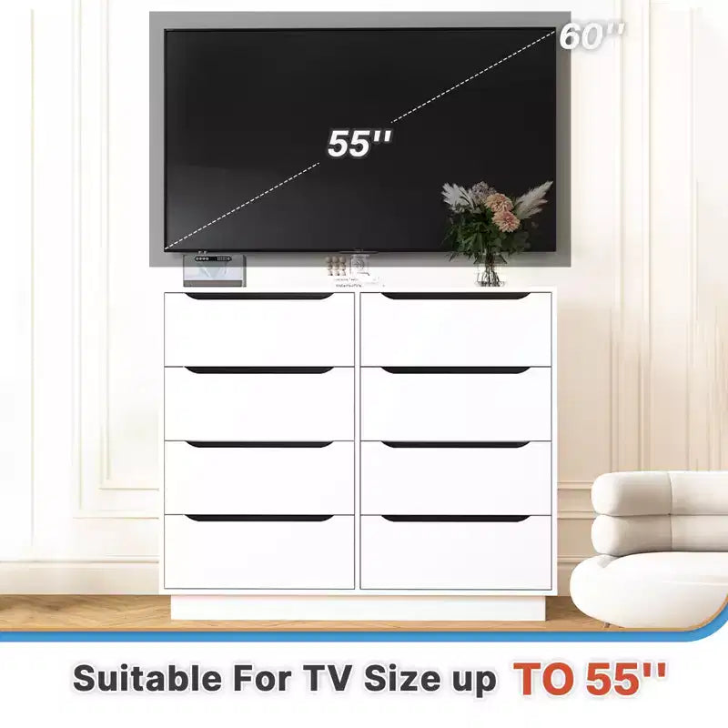 White Dresser for Bedroom with Deep Drawer,47 Modern Large Wood Dresser,8 Chest of Drawers,Living Room,Hallway,Entryway