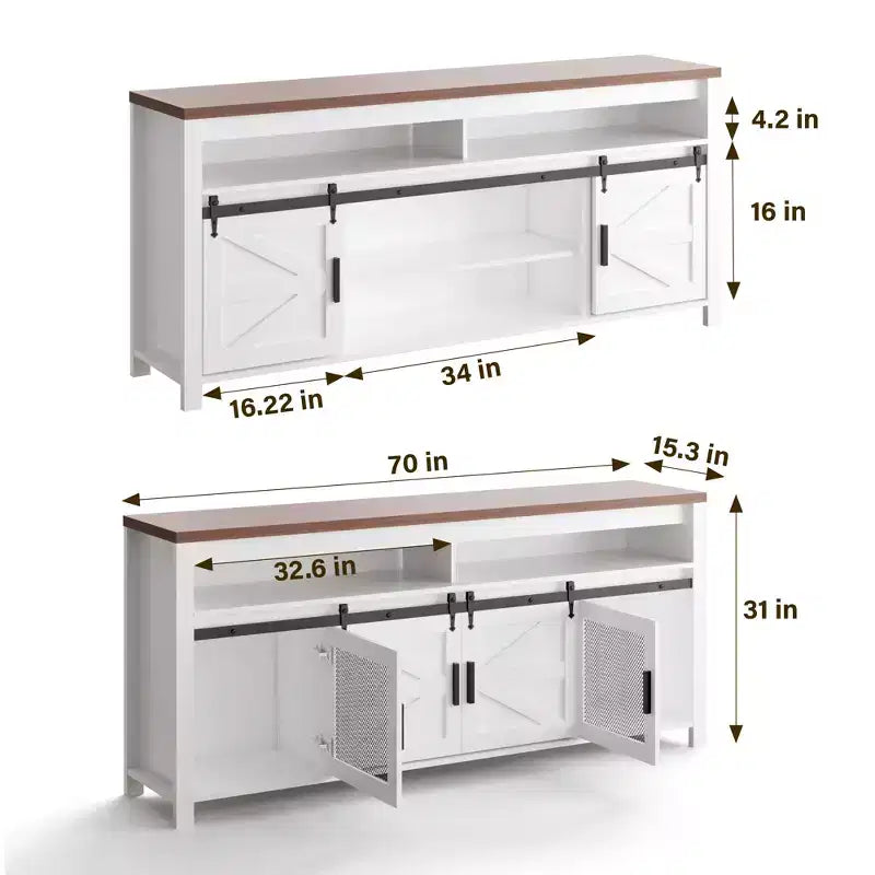 Farmhouse TV Stand for 75+ Inch TV, 70 Entertainment Center with Storage Cabinets and Sliding Barn Door, Media Console for Living Room