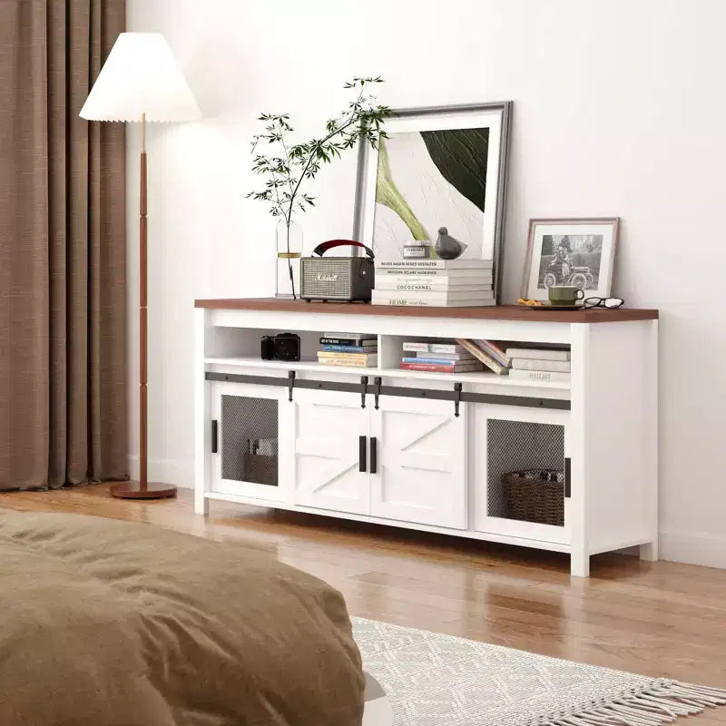 Farmhouse TV Stand for 75+ Inch TV, 70 Entertainment Center with Storage Cabinets and Sliding Barn Door, Media Console for Living Room