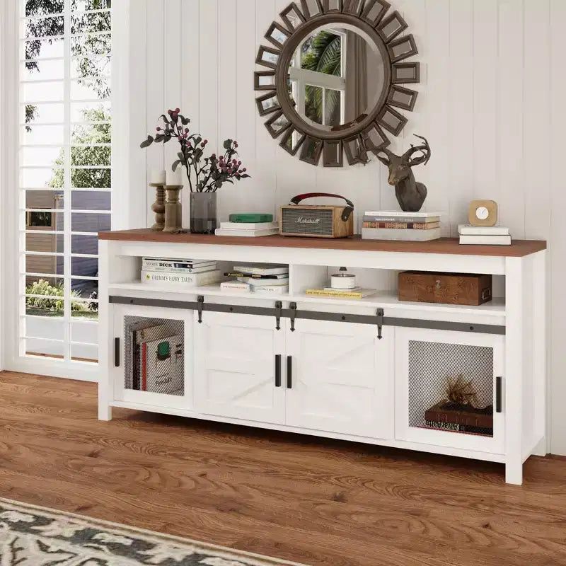 Farmhouse TV Stand for 75+ Inch TV, 70 Entertainment Center with Storage Cabinets and Sliding Barn Door, Media Console for Living Room