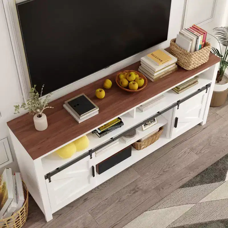 Farmhouse TV Stand for 75+ Inch TV, 70 Entertainment Center with Storage Cabinets and Sliding Barn Door, Media Console for Living Room
