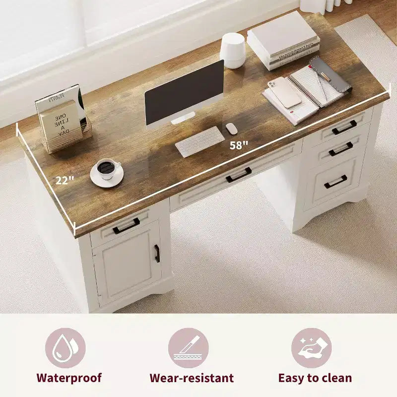 Farmhouse Home Office Executive Desk with Storage, Wooden Writing Desk with 5 Drawers & Cabinet, Rustic Computer Table for Living Room Bedroom Study