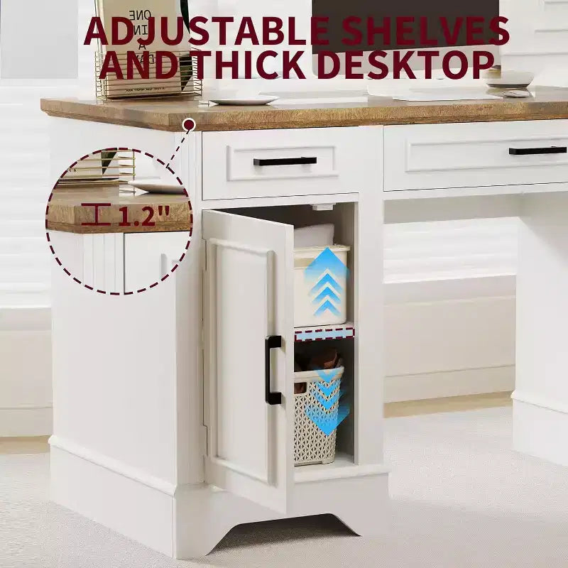 Farmhouse Home Office Executive Desk with Storage, Wooden Writing Desk with 5 Drawers & Cabinet, Rustic Computer Table for Living Room Bedroom Study