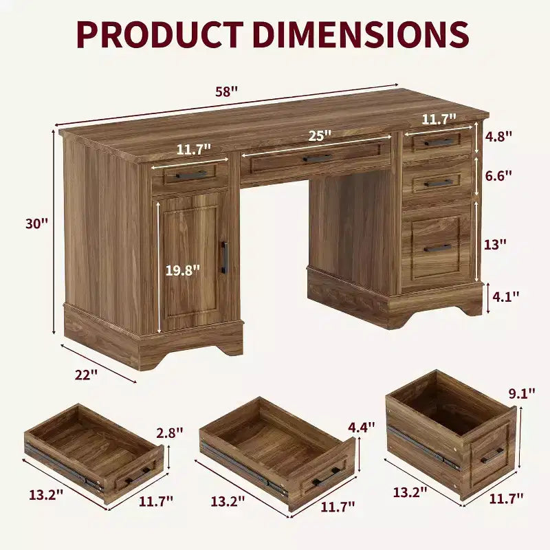 Farmhouse Home Office Executive Desk with Storage, Wooden Writing Desk with 5 Drawers & Cabinet, Rustic Computer Table for Living Room Bedroom Study