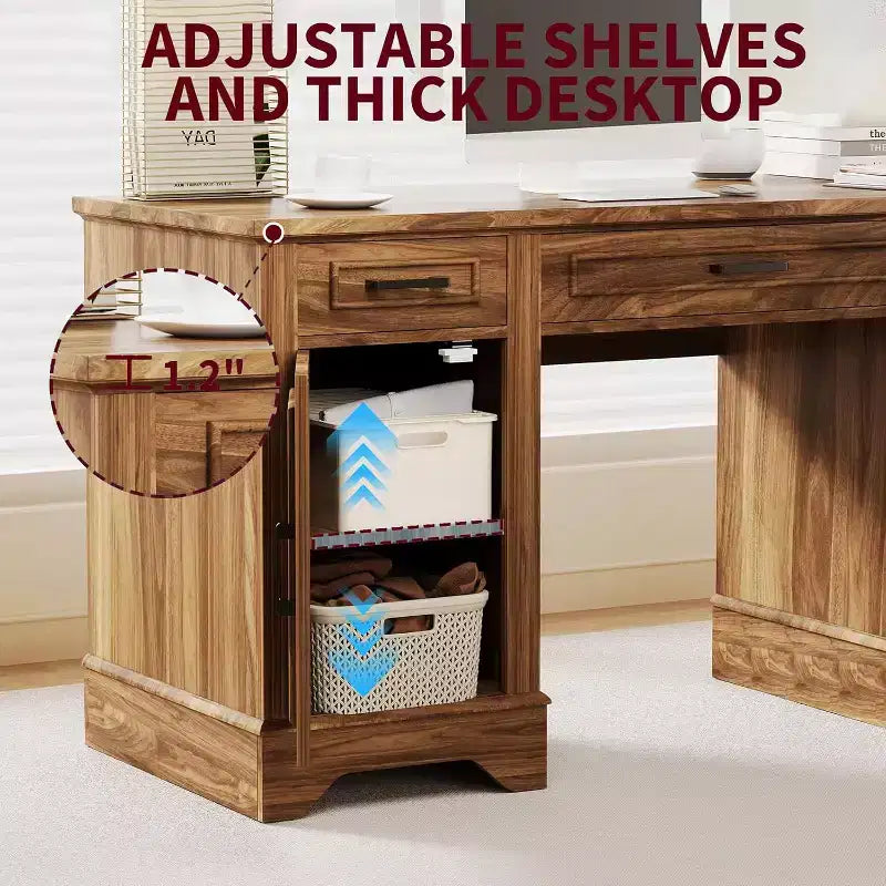 Farmhouse Home Office Executive Desk with Storage, Wooden Writing Desk with 5 Drawers & Cabinet, Rustic Computer Table for Living Room Bedroom Study