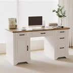 Farmhouse Home Office Executive Desk with Storage, Wooden Writing Desk with 5 Drawers & Cabinet, Rustic Computer Table for Living Room Bedroom Study