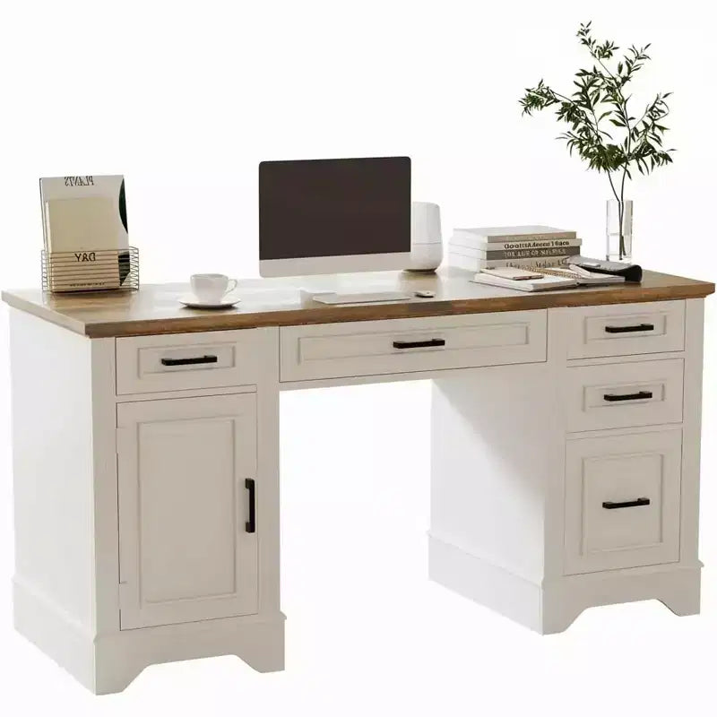 Farmhouse Home Office Executive Desk with Storage, Wooden Writing Desk with 5 Drawers & Cabinet, Rustic Computer Table for Living Room Bedroom Study
