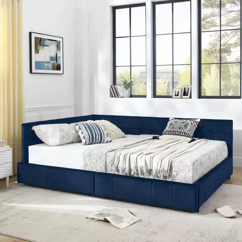 Queen Size Storage Upholstered Tufted Bed Frame with Backrest and Armrests for Bedroom Blue