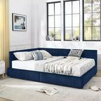 Queen Size Storage Upholstered Tufted Bed Frame with Backrest and Armrests for Bedroom Blue