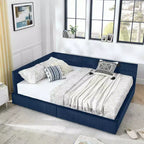 Queen Size Storage Upholstered Tufted Bed Frame with Backrest and Armrests for Bedroom Blue