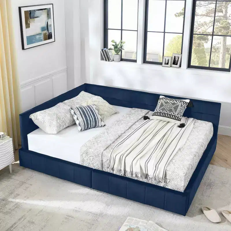 Queen Size Storage Upholstered Tufted Bed Frame with Backrest and Armrests for Bedroom Blue