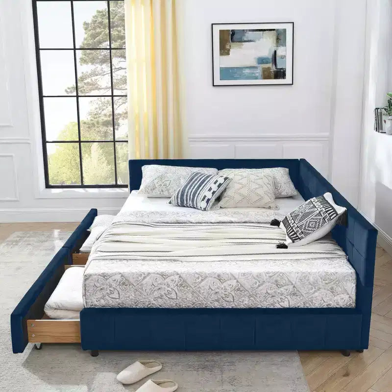 Queen Size Storage Upholstered Tufted Bed Frame with Backrest and Armrests for Bedroom Blue