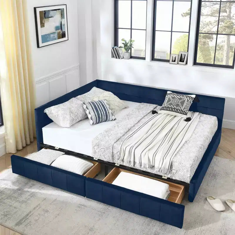 Queen Size Storage Upholstered Tufted Bed Frame with Backrest and Armrests for Bedroom Blue