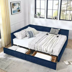 Queen Size Storage Upholstered Tufted Bed Frame with Backrest and Armrests for Bedroom Blue