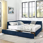 Queen Size Storage Upholstered Tufted Bed Frame with Backrest and Armrests for Bedroom Blue