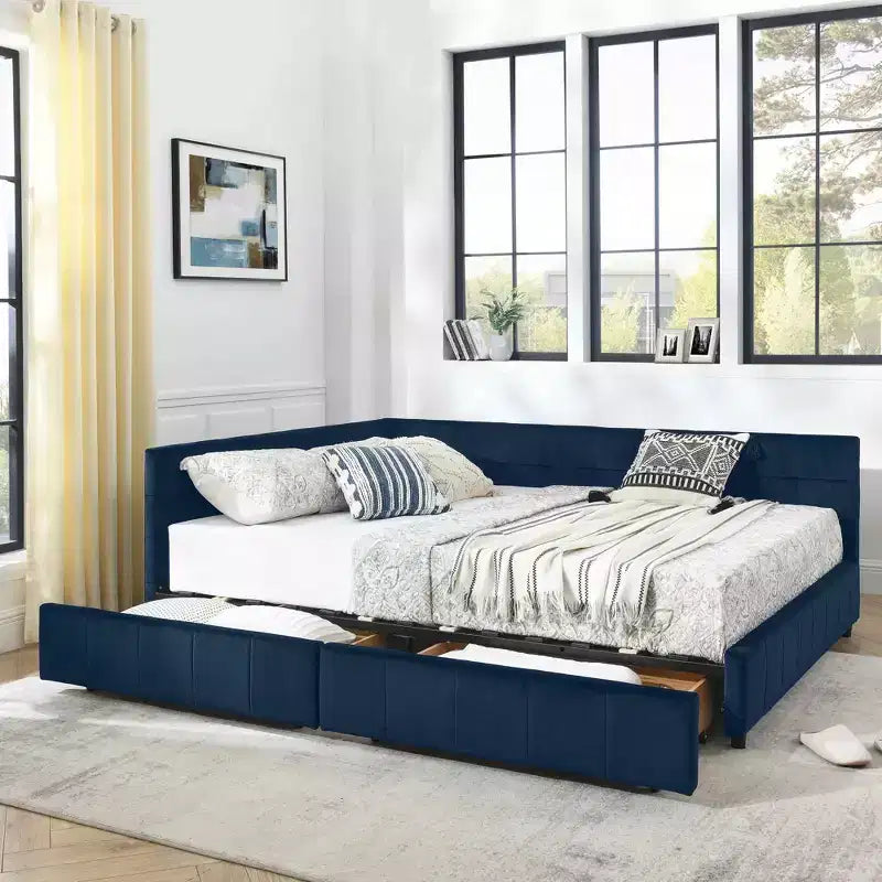 Queen Size Storage Upholstered Tufted Bed Frame with Backrest and Armrests for Bedroom Blue