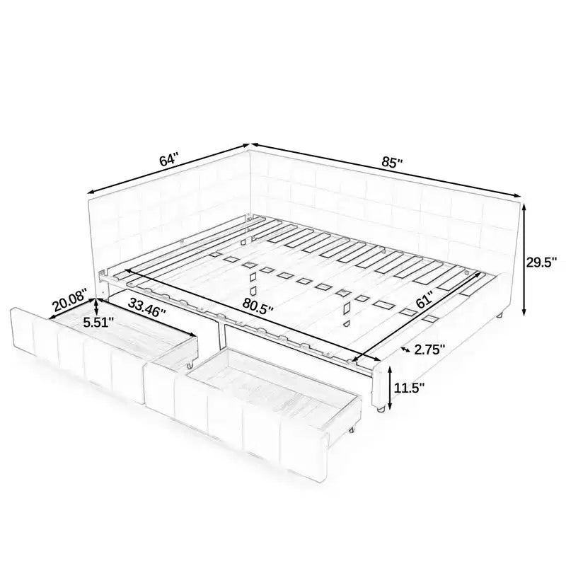 Queen Size Storage Upholstered Tufted Bed Frame with Backrest and Armrests for Bedroom Blue