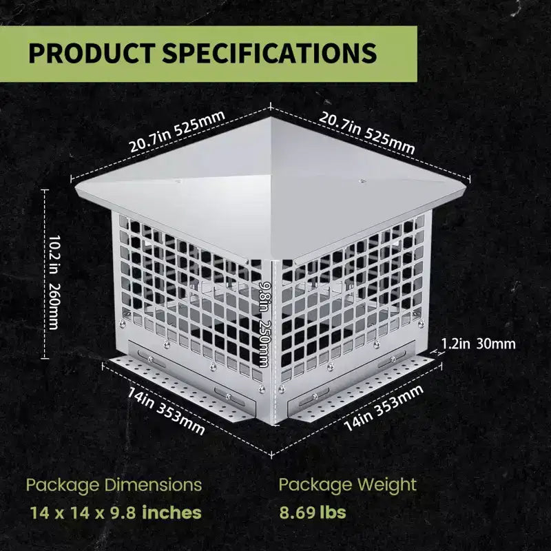 Chimney Cover 8 x 13 Inches, 304 Stainless Steel Mesh Cover, Adjustable Metal Strip Bolts and Screws, can Install Mesh Cover, Silver