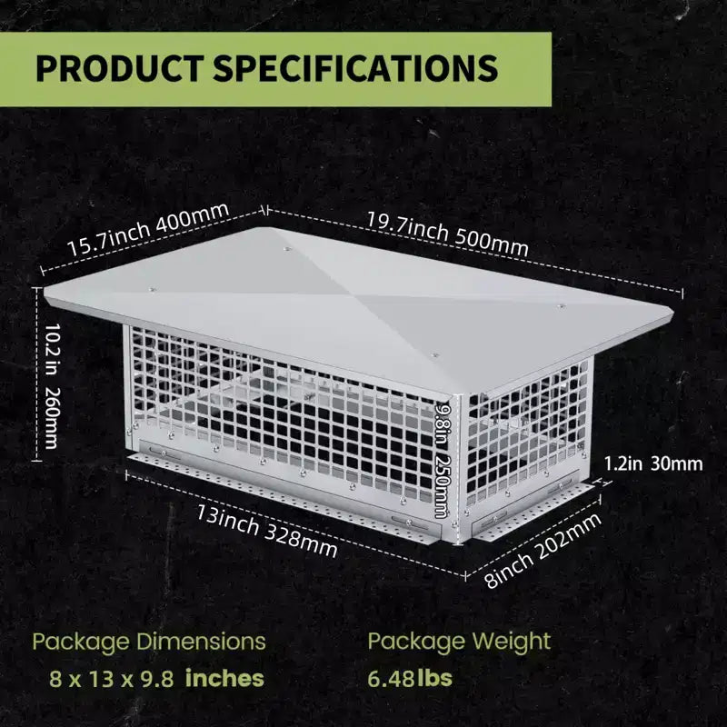 Chimney Cover 8 x 13 Inches, 304 Stainless Steel Mesh Cover, Adjustable Metal Strip Bolts and Screws, can Install Mesh Cover, Silver