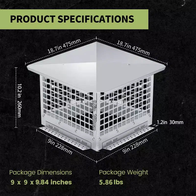 Chimney Cover 8 x 13 Inches, 304 Stainless Steel Mesh Cover, Adjustable Metal Strip Bolts and Screws, can Install Mesh Cover, Silver