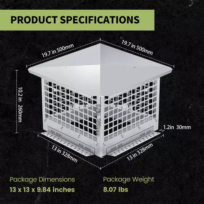 Chimney Cover 8 x 13 Inches, 304 Stainless Steel Mesh Cover, Adjustable Metal Strip Bolts and Screws, can Install Mesh Cover, Silver