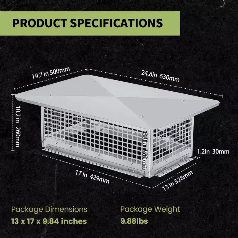 Chimney Cover 8 x 13 Inches, 304 Stainless Steel Mesh Cover, Adjustable Metal Strip Bolts and Screws, can Install Mesh Cover, Silver