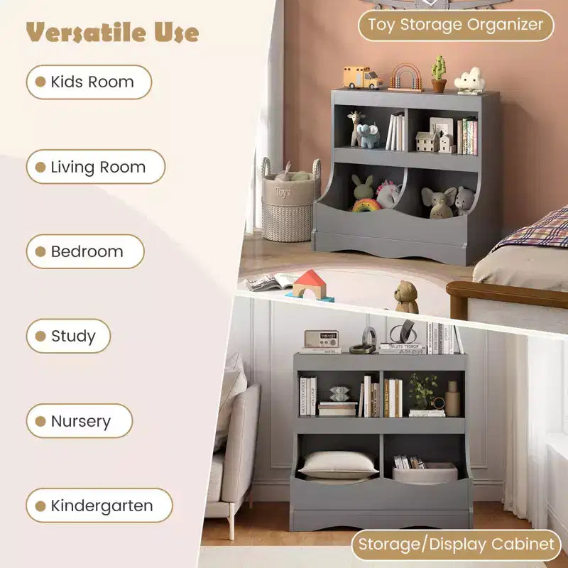 Toy Storage Organizer for Toys & Books 4-Cubby Kids Bookcase for Children's Room White/Pink/Gray