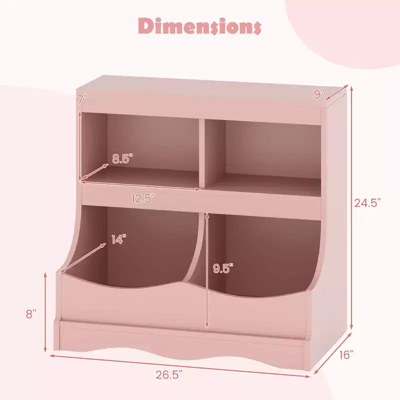 Toy Storage Organizer for Toys & Books 4-Cubby Kids Bookcase for Children's Room White/Pink/Gray